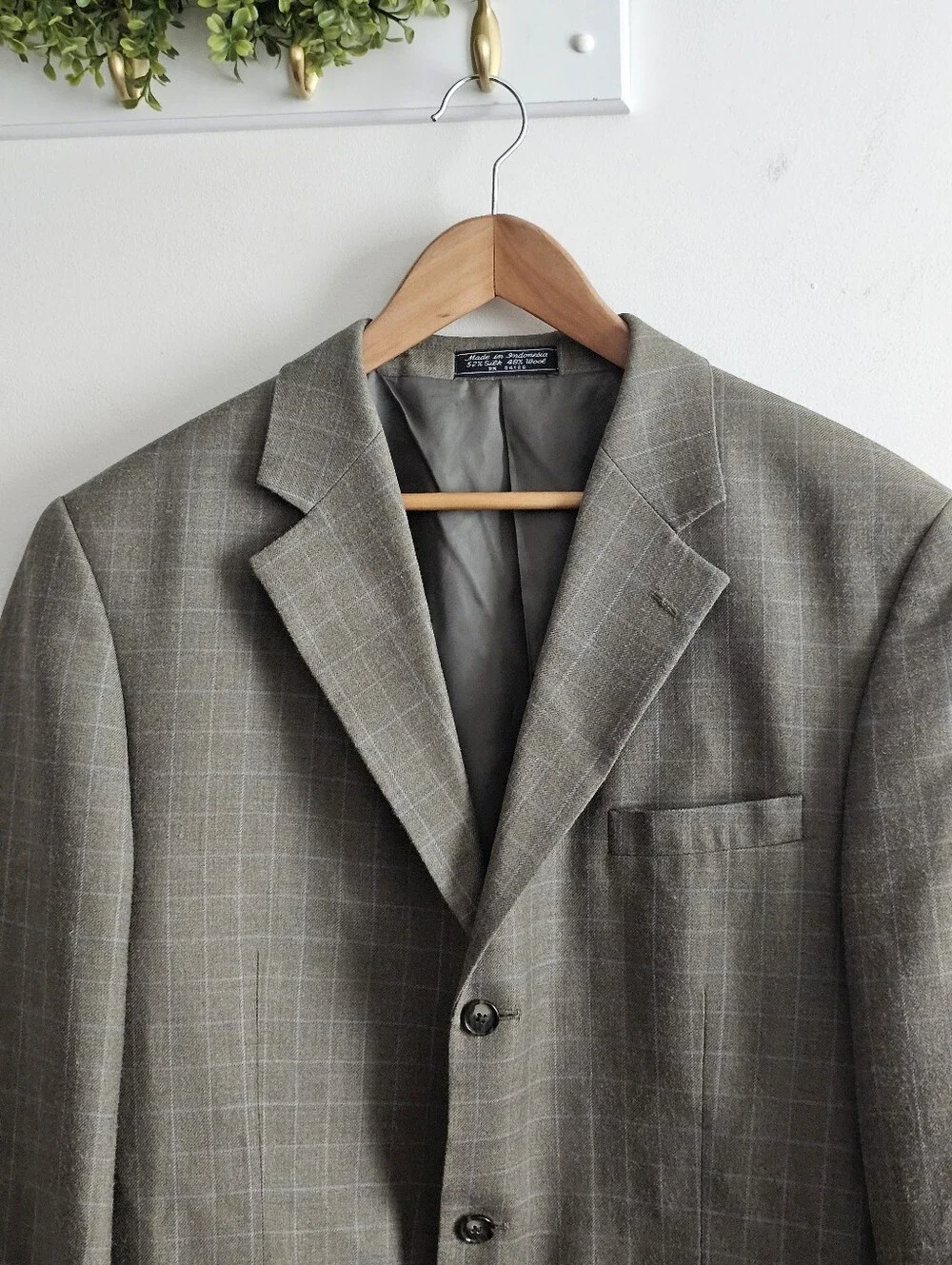 Haspel Olive Green Windowpane Silk Wool Sport Coat Blazer Men's 42L